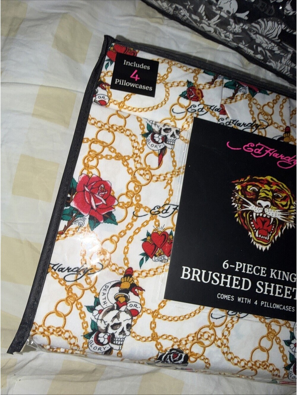 Ed Hardy King 6pc Sheet Set Roses Chains Skull Dagger NWT